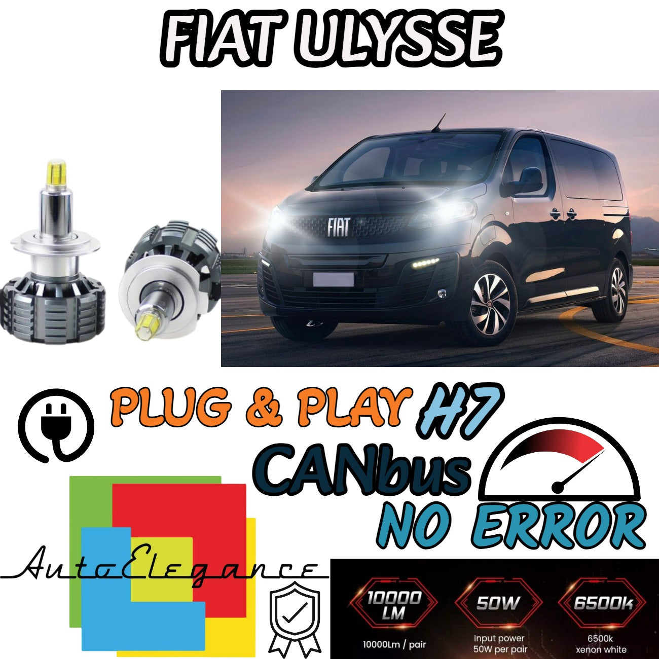 FULL LED KIT H7 CANBUS FIAT ULYSSE 6000K WHITE 9600 LUMEN 80W NO ERROR