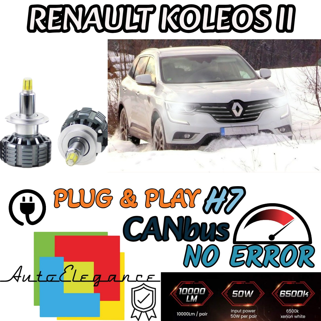 FULL LED KIT H7 CANBUS RENAULT KOLEOS II 6000K WHITE 9600 LUMEN 80W NO ERROR