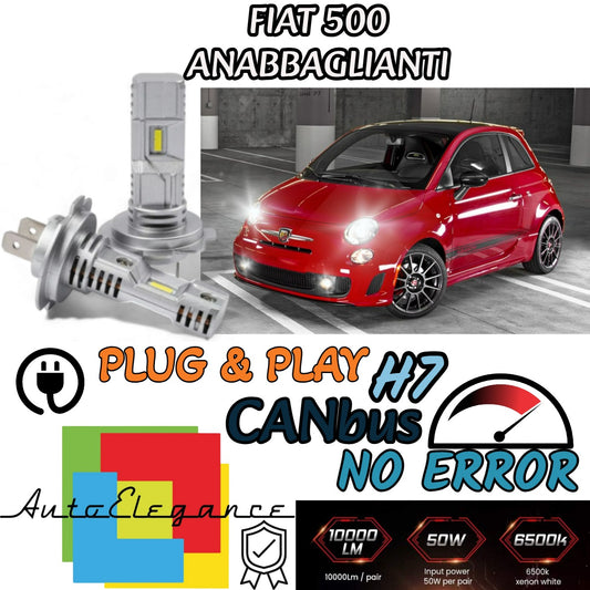 KIT LED H7 FIAT 500 6000K BIANCO 6000 LUMEN CANBUS ANABBAGLIANTI FARO A PARABOLA