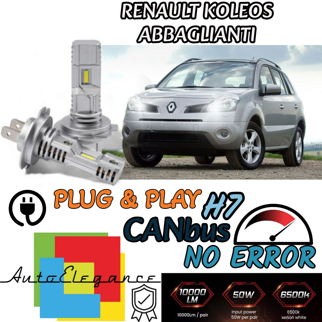 KIT LED H7 PER RENAULT KOLEOS MK1 6000K BIANCO 6000 LUMEN CANBUS ABBAGLIANTI