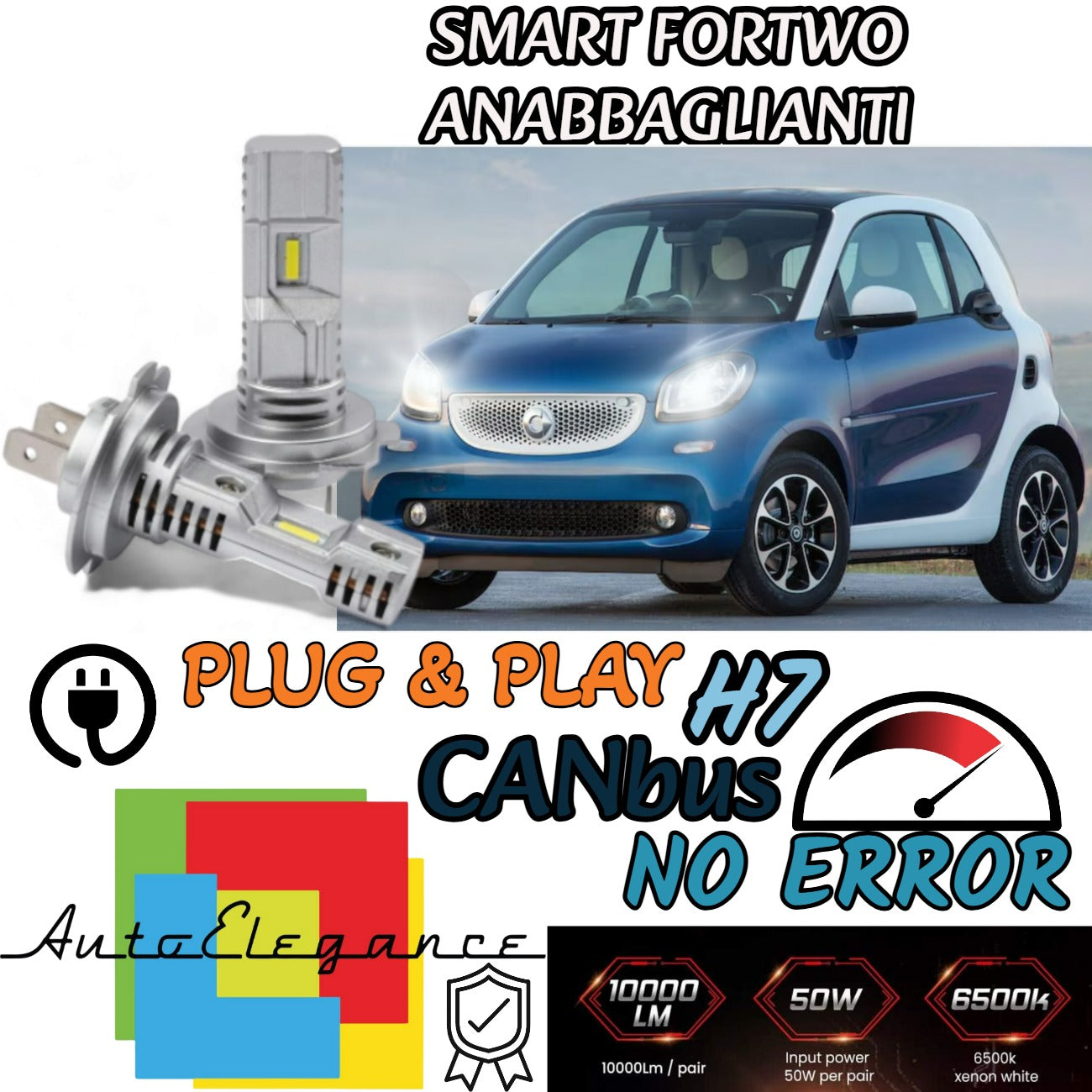 KIT LED H7 PER SMART FORTWO 450 6000K BIANCO 6000 LUMEN CANBUS ANABBAGLIANTI