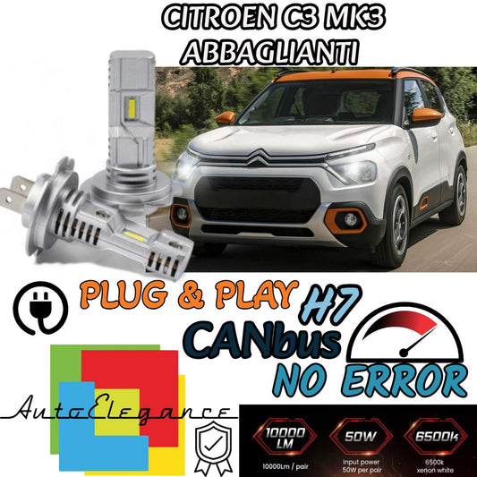 KIT LED H7 CITROEN C3 MK3 III 6000K BIANCO 6000 LUMEN CANBUS ABBAGLIANTI