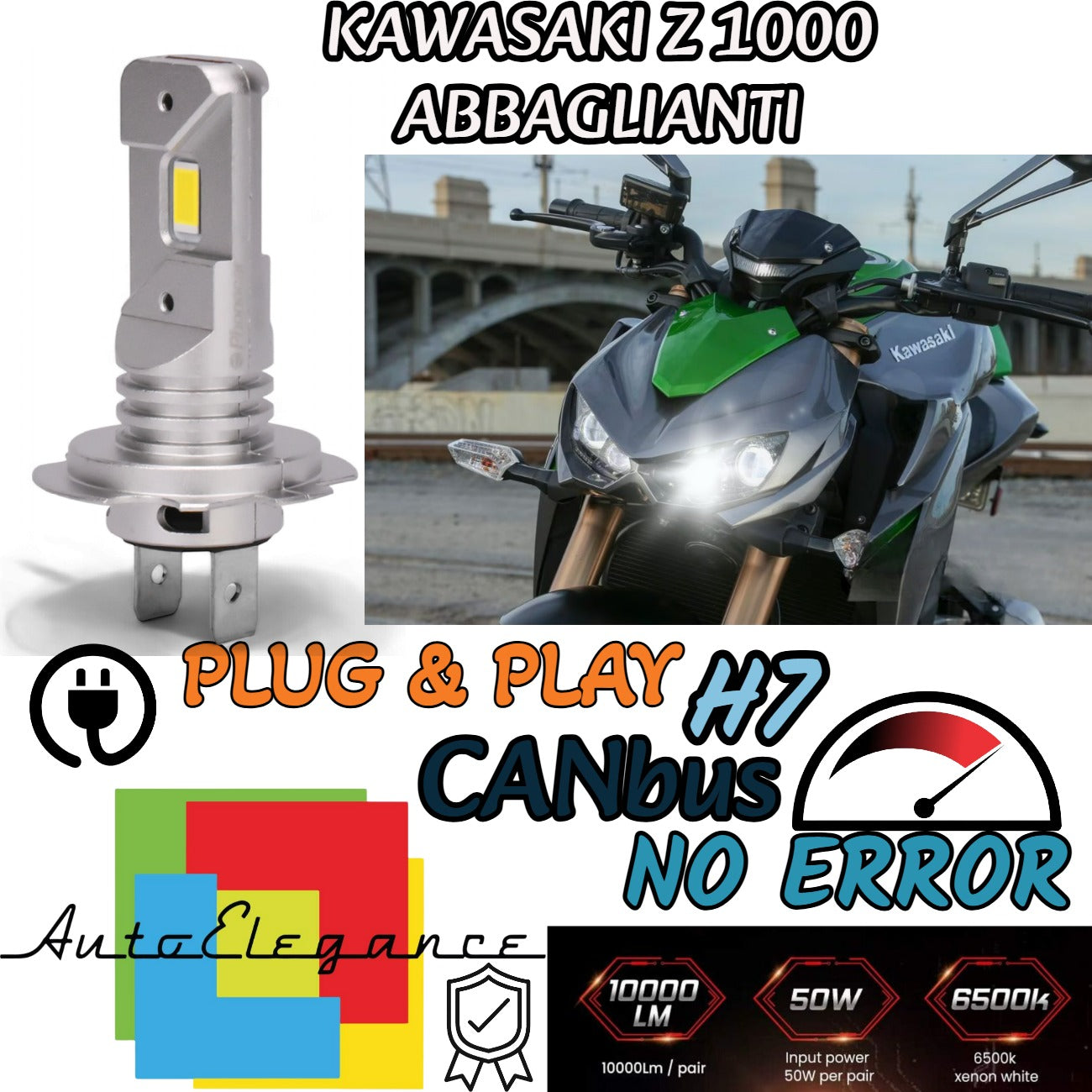 LAMPADA LED H7 6000K CANBUS PER ABBAGLIANTI KAWASAKI Z 1000 (2010-2013) ABS