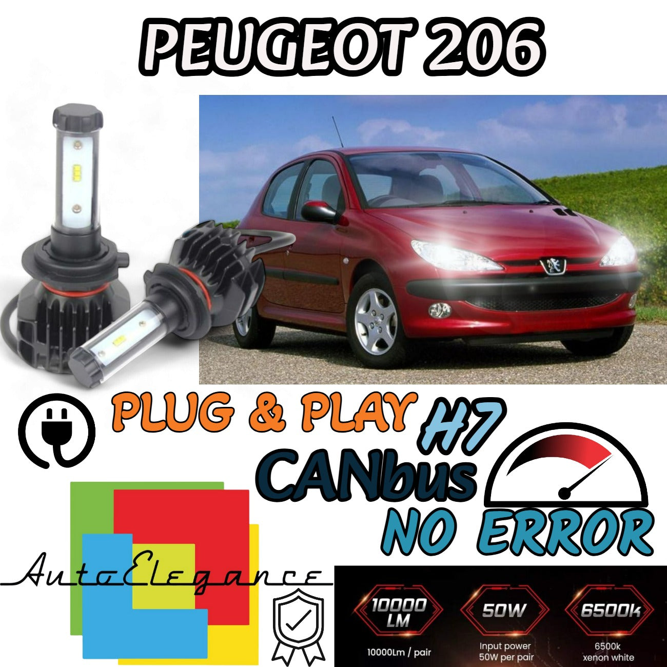 KIT LED H7 6000K CANBUS XENON 9800 LM LUMEN PEUGEOT 206 NO AVARIA LUCI