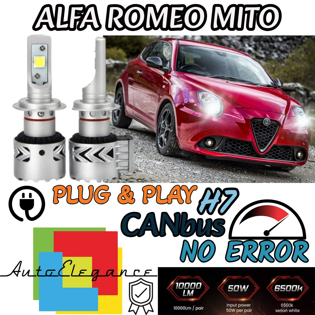 KIT LED H7 ALFA ROMEO MITO 6500K CANBUS 12000 LUMEN MONO LED MONOLED LENTICOLARE