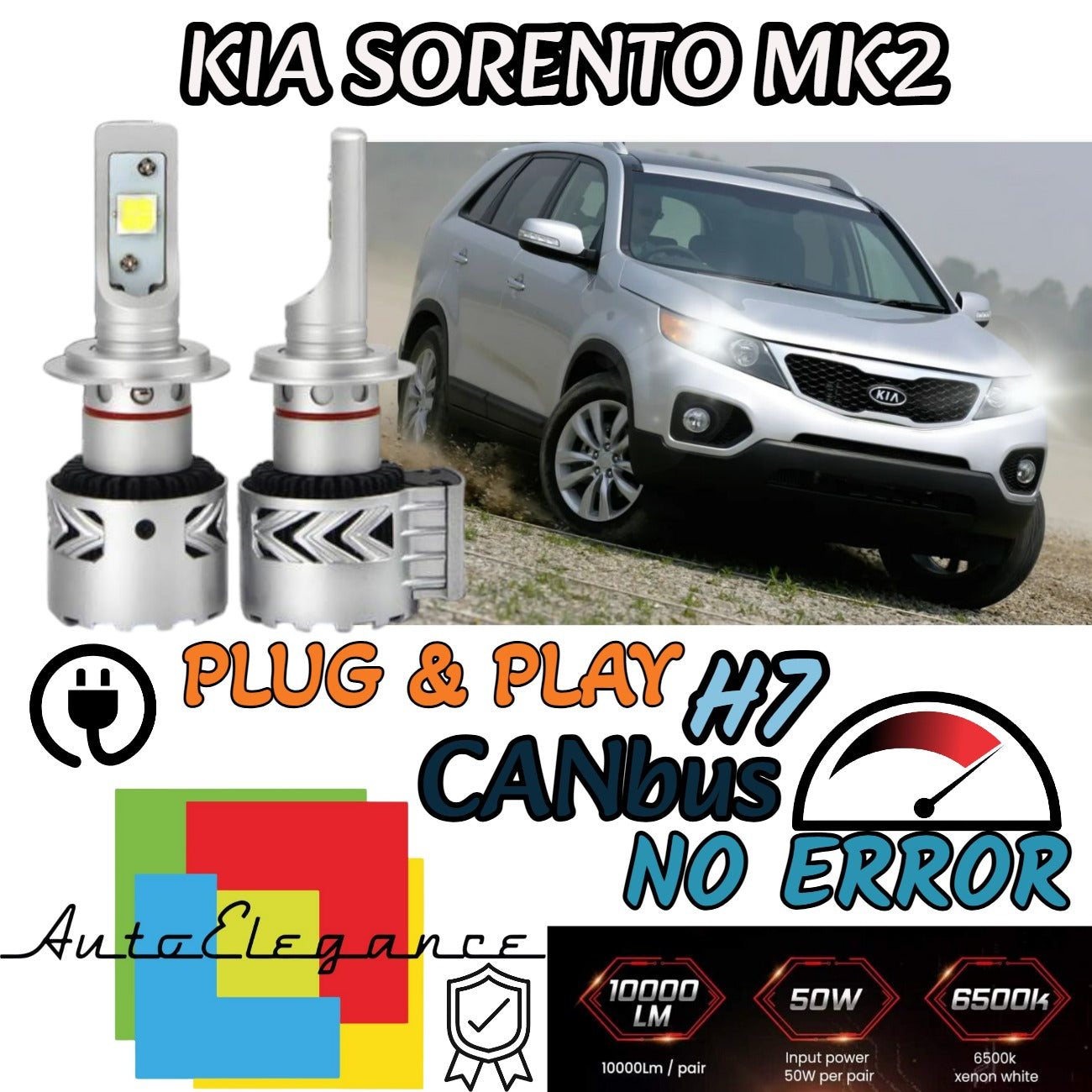 KIT LED H7 KIA SORENTO MK2 II 6500K CANBUS 12000LM LUMEN MONO LED LENTICOLARE