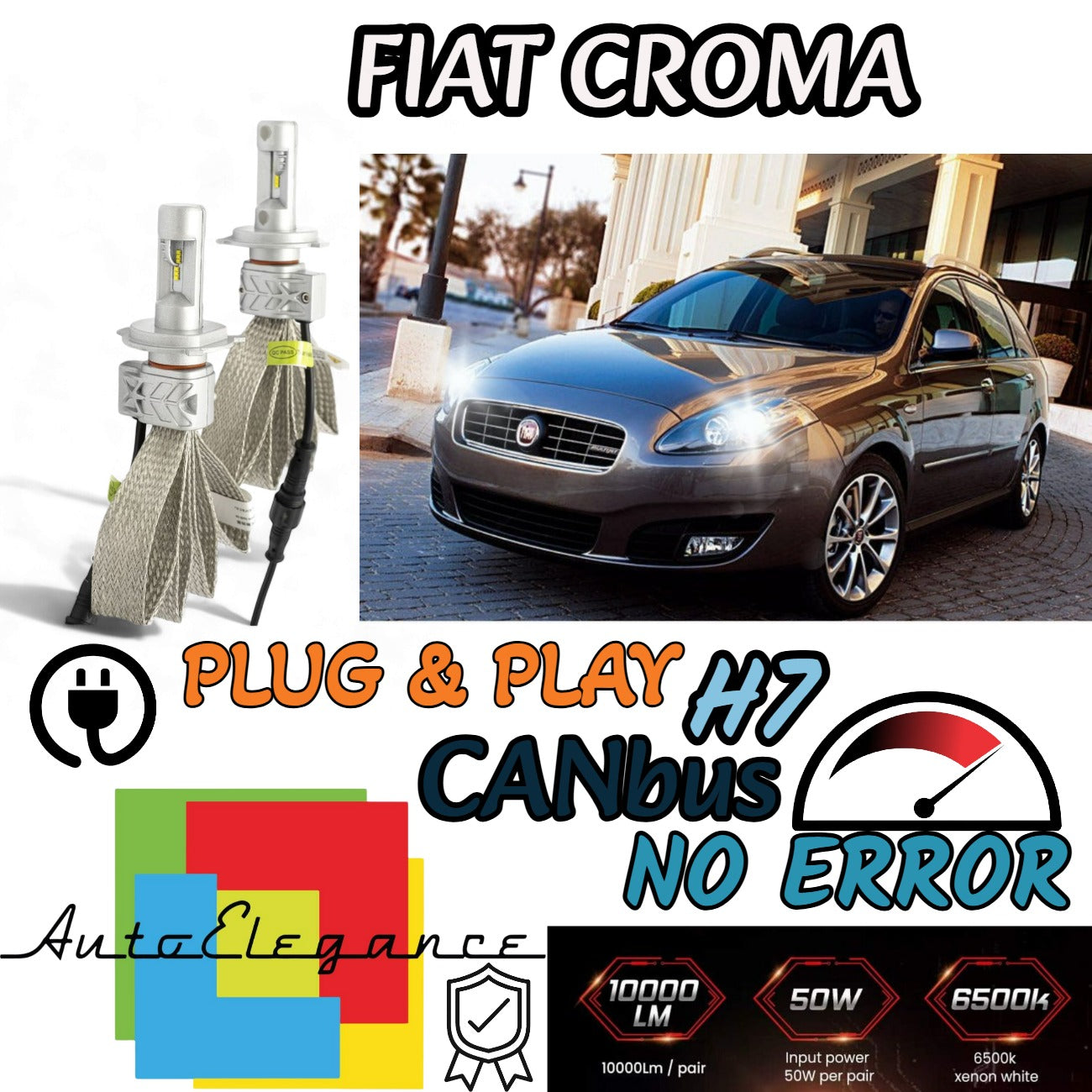 KIT LED H7 6500K FULL CANBUS 8000 LUMEN LED LAMPADE PER FIAT CROMA