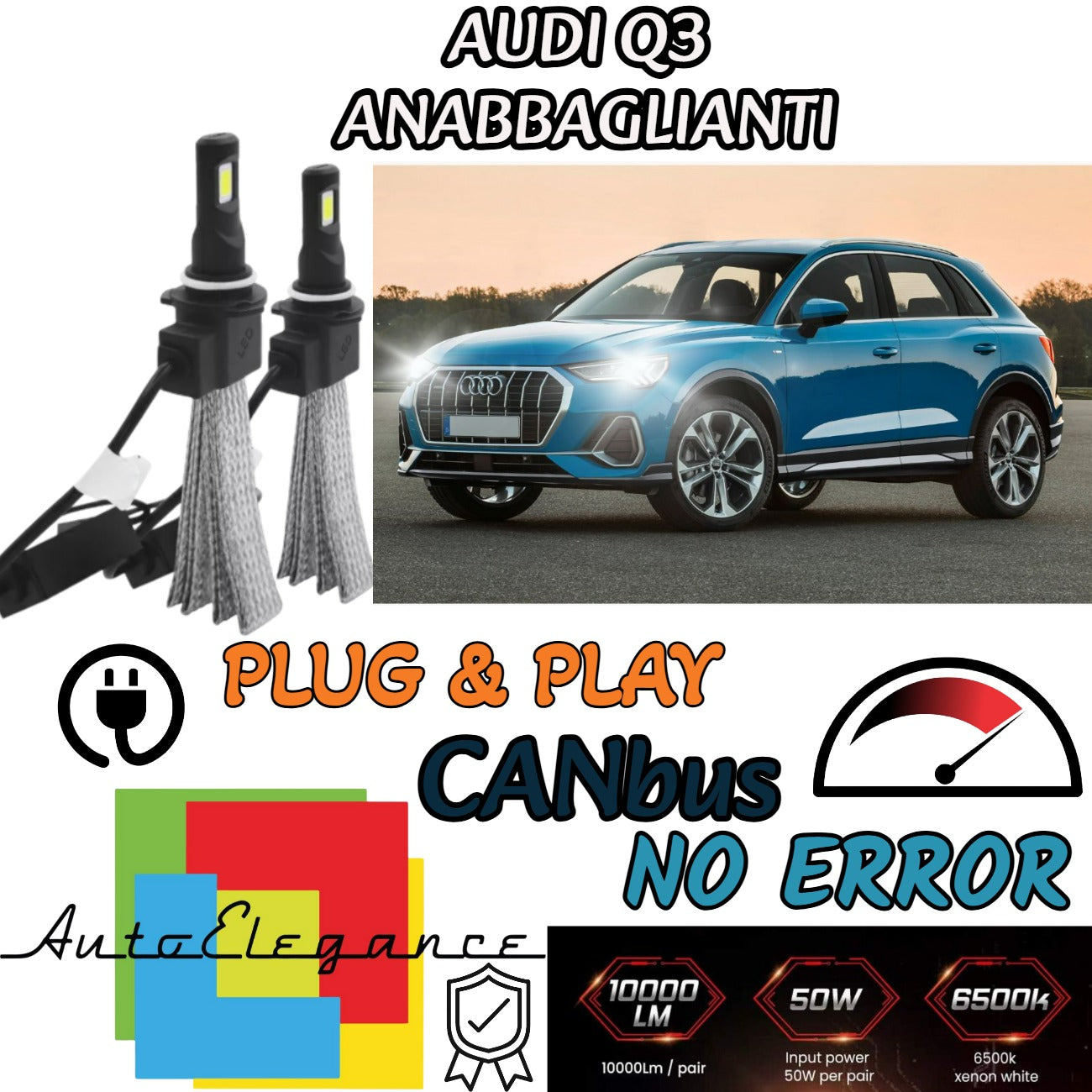 KIT LAMPADE ANABBAGLIANTI LED AUDI Q3 LED H7 6000K 6400 LUMEN NO AVARIA LUCI