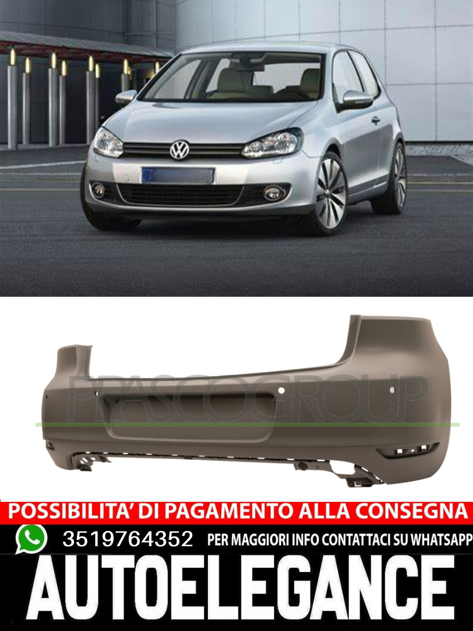 Prasco Rear Bumper WITH PRIMER PDC HOLES + BRACKETS for VW GOLF VI