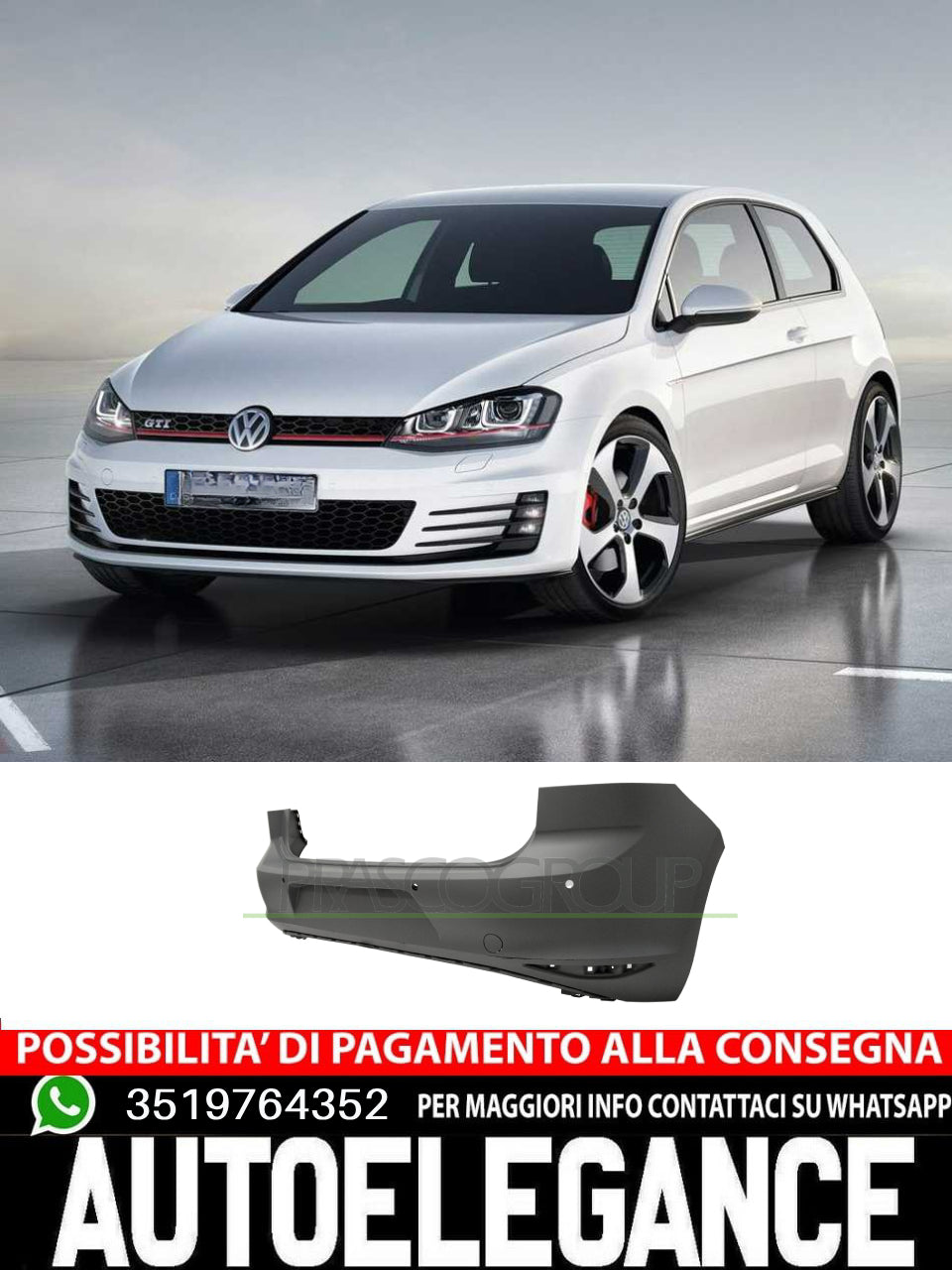 Paraurti posteriore con primer con fori pdc per VW Golf VII 10/12 in poi