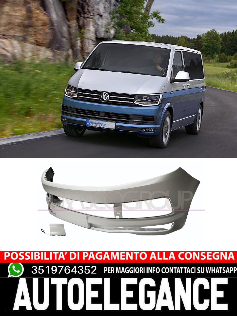 Paraurti Prasco Anteriore Per Vw Transporter Bob CON PRIMER TRACCE LAVAFARI