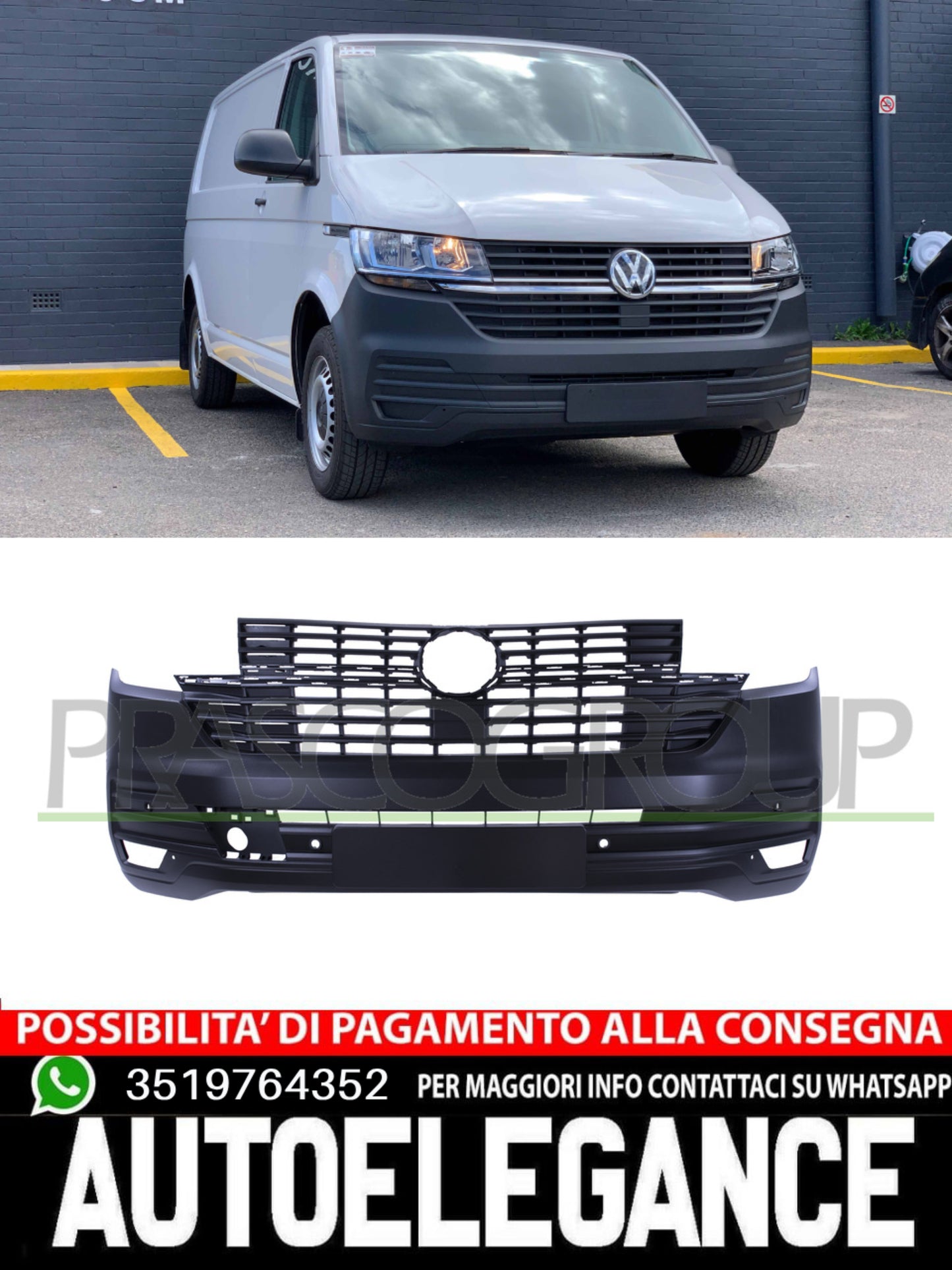 Paraurti Prasco Anteriore NERO GOFFRATO FORI PARK ASSIST per VW TRANSPORTER