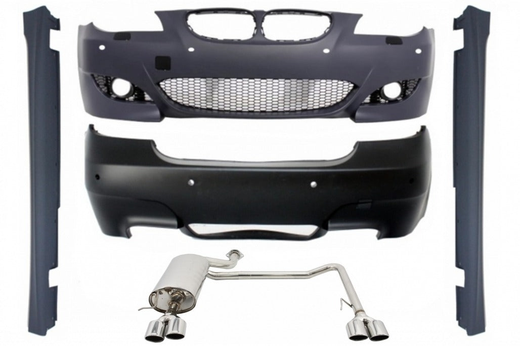 Kit carrozzeria adatto per BMW Serie 5 E60 LCI (2007-2010) con sistema di scarico completo Twin Double Quad e minigonne laterali Limousine M5 Design PDC 18mm