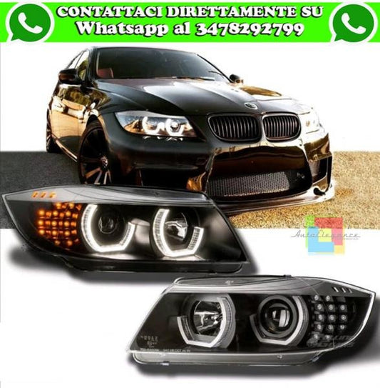 FARI ANTERIORI PER BMW SERIE 3 E90 E91 2004-2011 XENON NERI CON ANGEL EYES LED BIANCHI CON FRECCIA LED