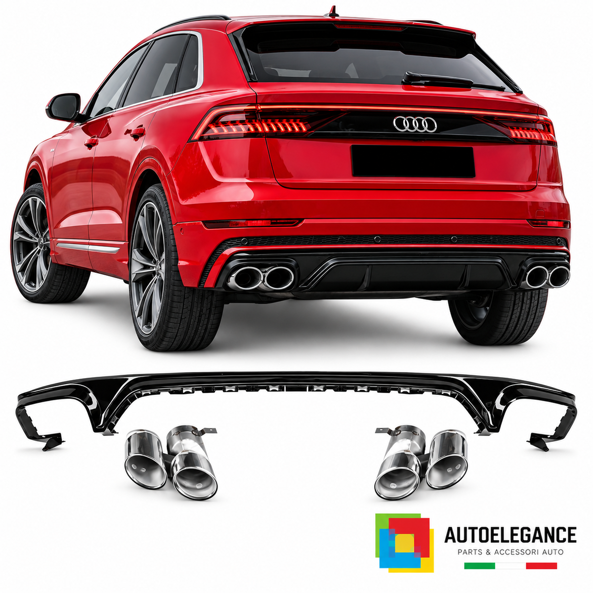 DIFFUSORE AUDI Q8 18-23 LOOK SQ8 NERO + TERMINALI DI SCARICO CROMATI