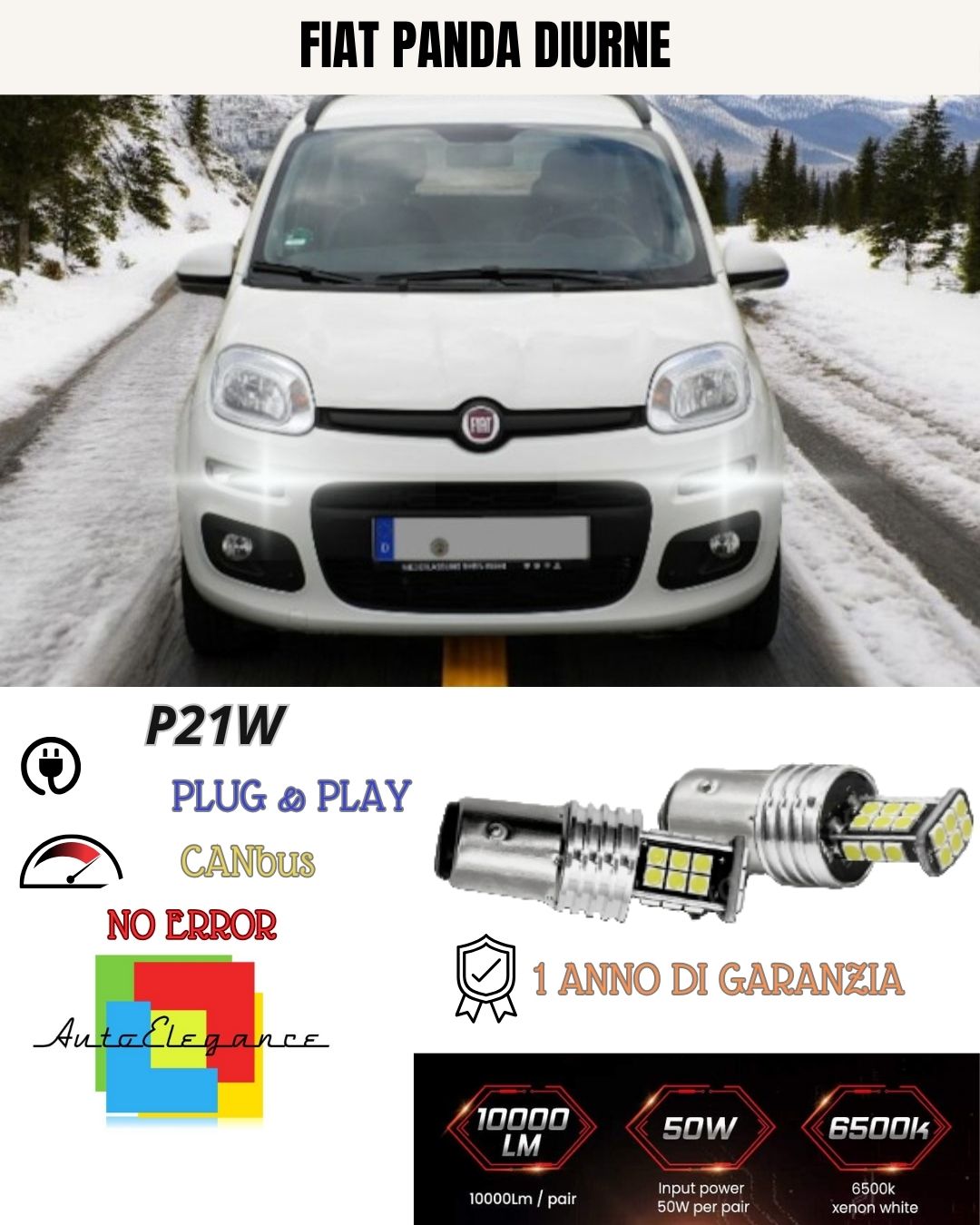 😍COPPIA LUCI DIURNE DRL 24 LED P21W BAY15D CANBUS😍FIAT PANDA 3 6000K NO ERROR