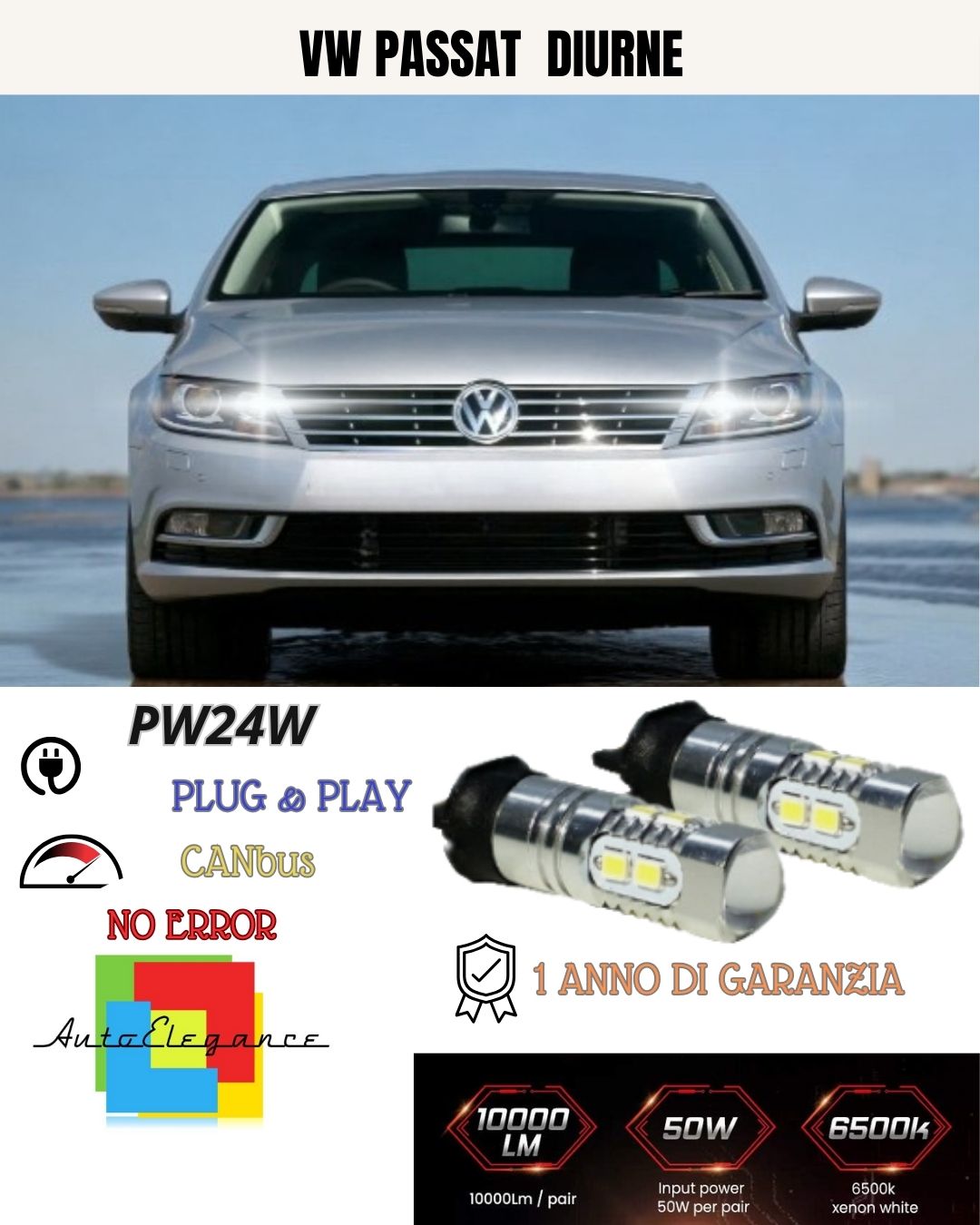 😍COPPIA LAMPADE DIURNE DRL 10 LED PW24W CANBUS😍 VW PASSAT CC 2012-2014 6000K😍