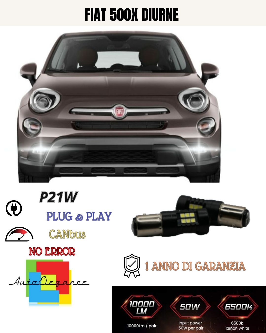 😍COPPIA 2 LAMPADE DIURNE DRL 24 LED P21W 6000K CANBUS 😍 FIAT 500X