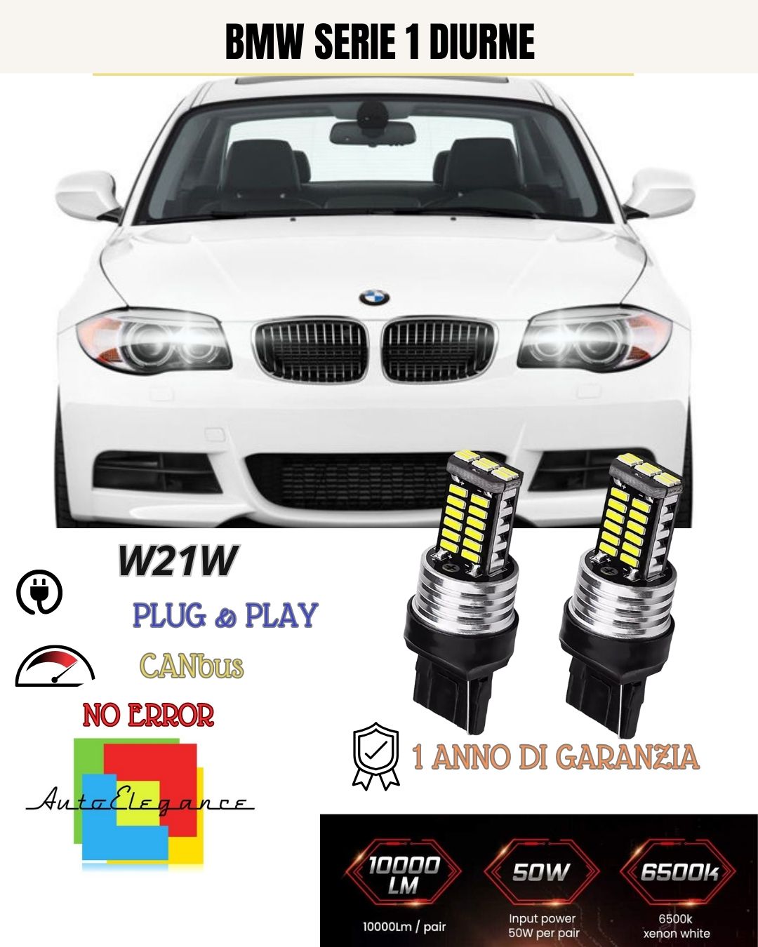 🥰COPPIA LUCI DIURNE DRL LED T20 W21W😍BMW SERIE 1 F20 F21 CANBUS 6000K NO ERROR