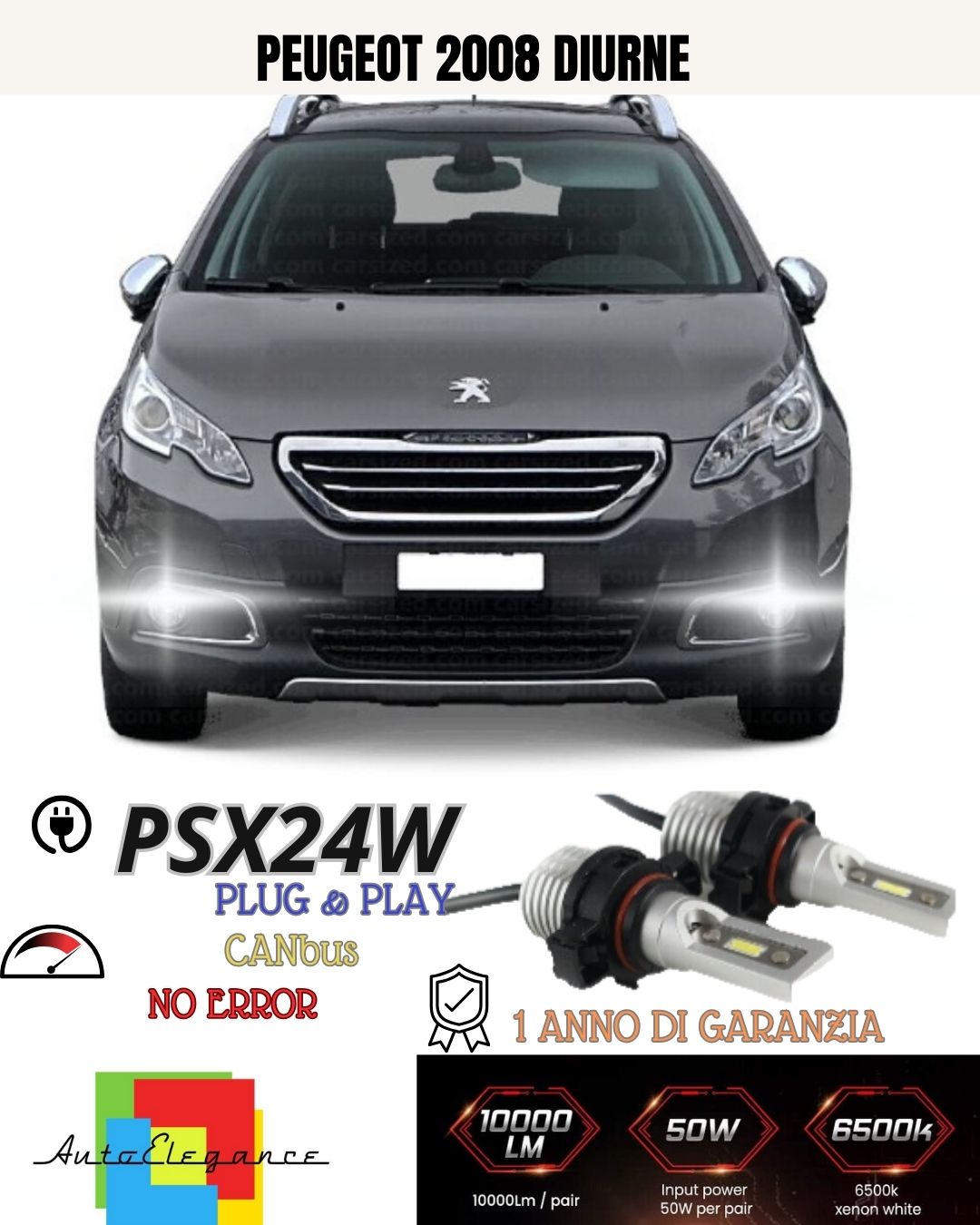 😍😍COPPIA LAMPADE FENDINEBBIA A LED PSX24W PEUGEOT 2008 CANBUS NO ERROR 6000K😍