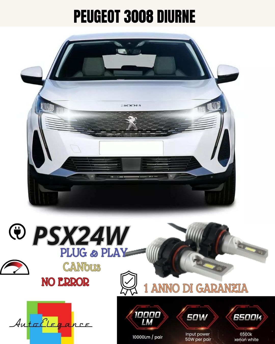 😍😍COPPIA LAMPADE FENDINEBBIA A LED PSX24W PEUGEOT 3008 CANBUS NO ERROR 6000K😍