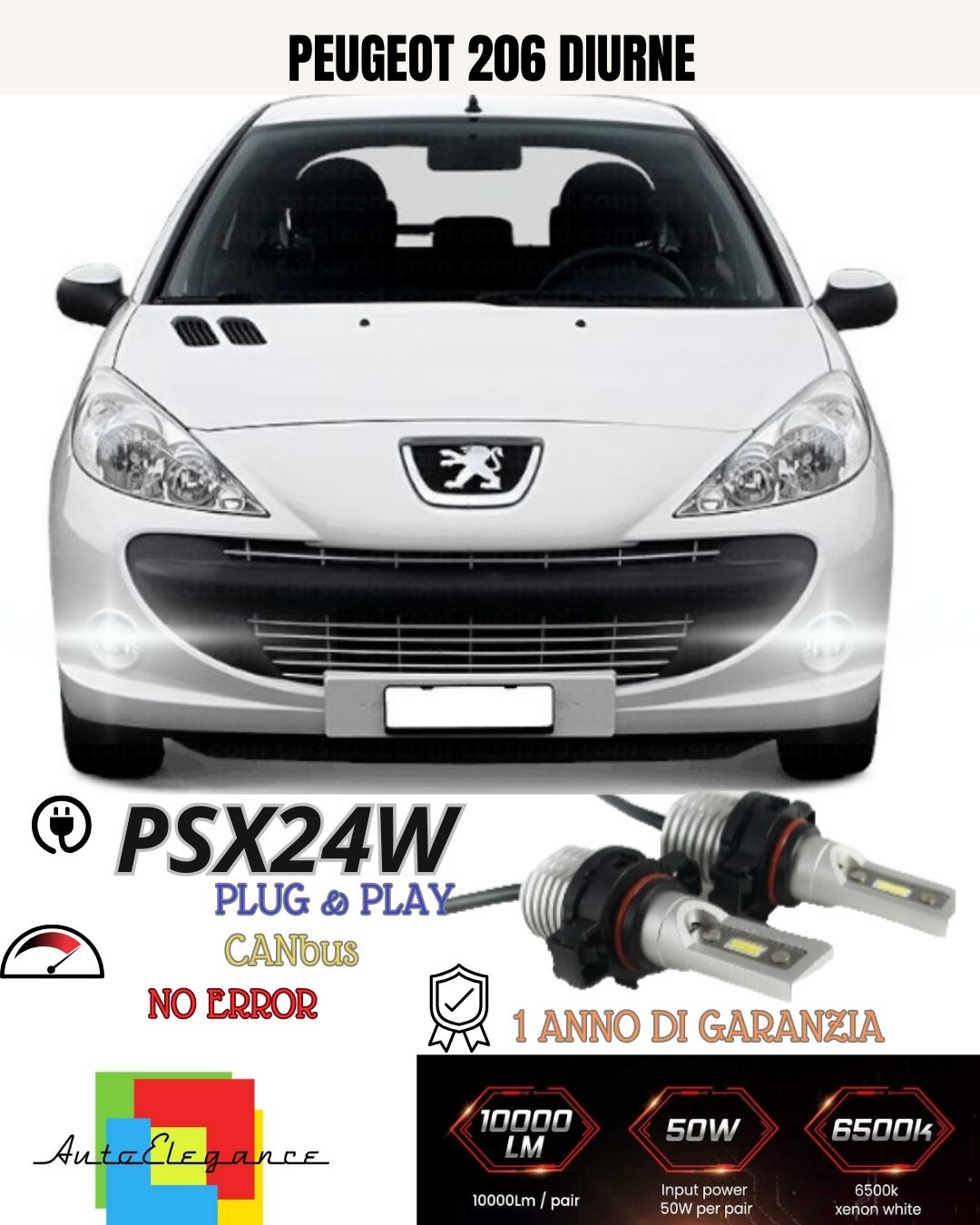 😍😍COPPIA LAMPADE FENDINEBBIA A LED PSX24W PEUGEOT 206+ CANBUS NO ERROR 6000K😍