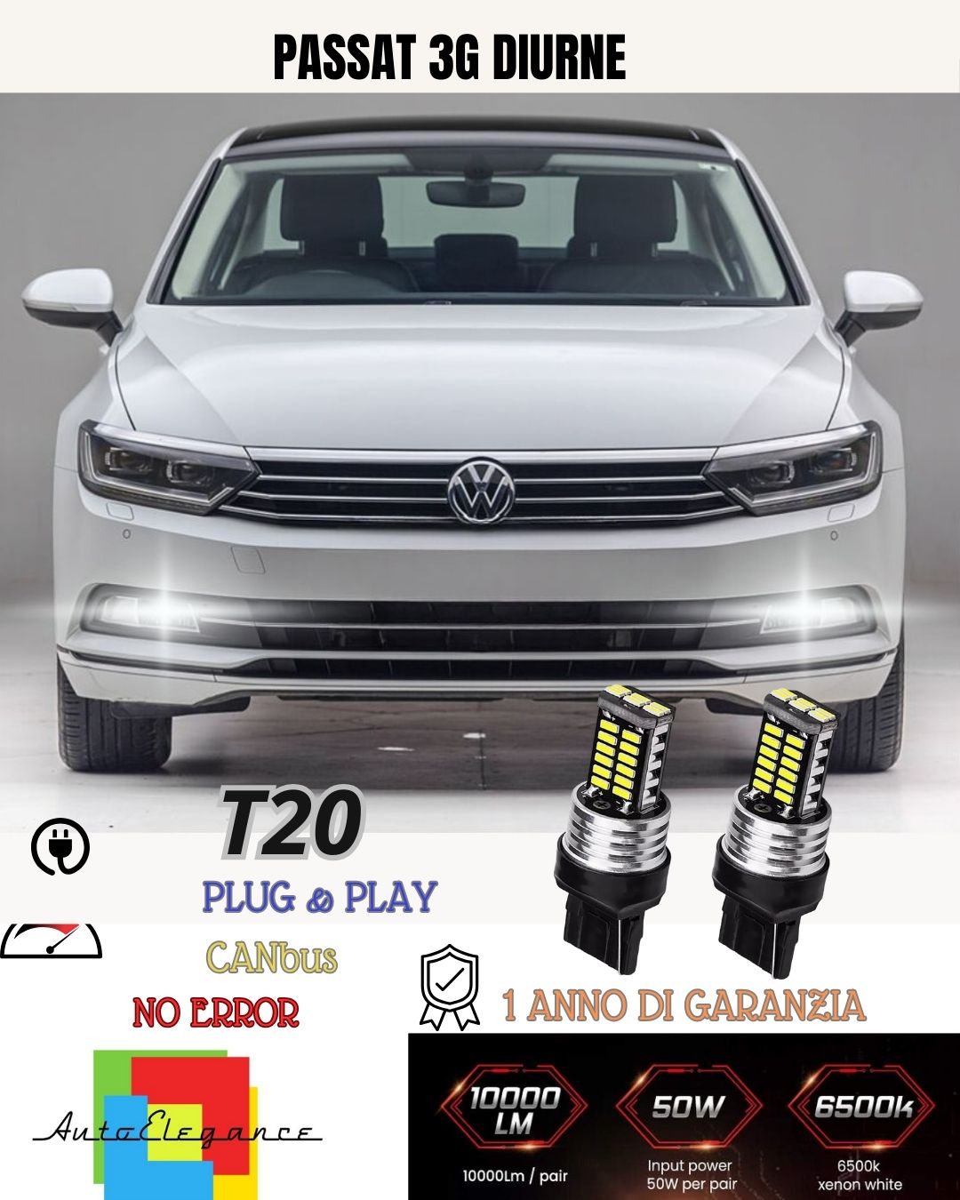 😍😍COPPIA LUCI DIURNE DRL 15 LED T20 W21W CANBUS❤️ VW PASSAT ❤️3G B8 6000K❤️❤️