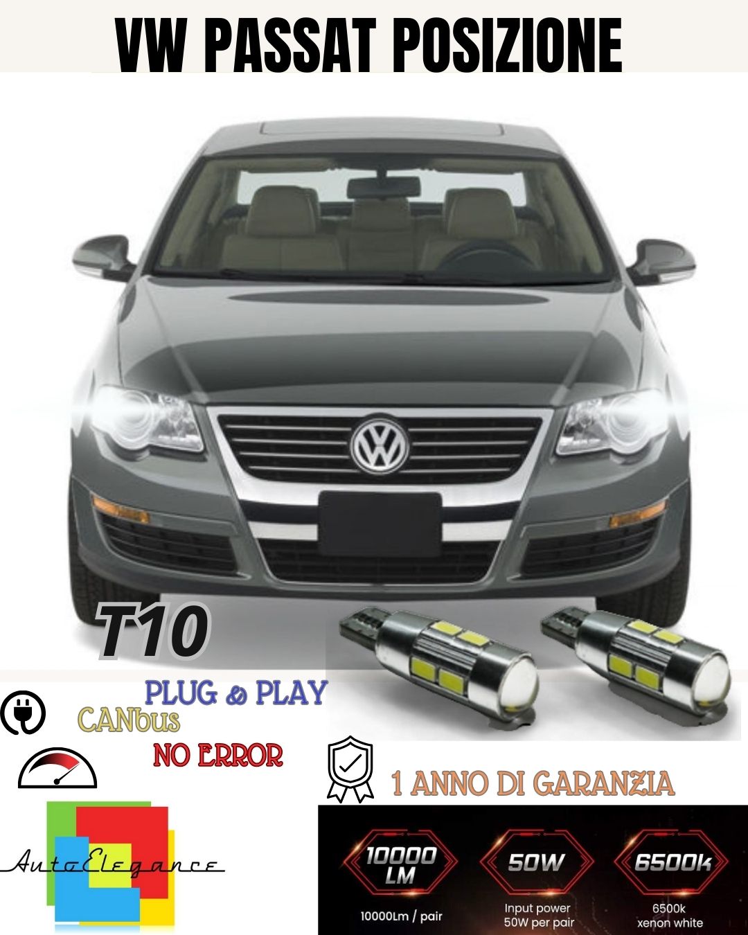 😍😍COPPIA LUCI POSIZIONE 10 LED PER VOLKSWAGEN PASSAT B6 T10  CANBUS NO ERRORE