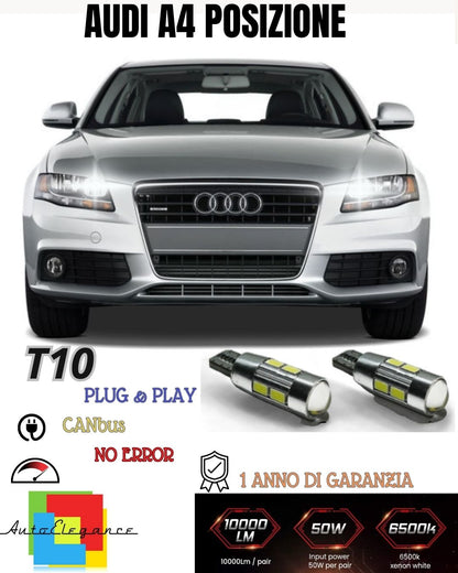 😎😎COPPIA LUCI POSIZIONE 10 LED AUDI A4 B6 T10 CANBUS CON LENTE FRONTALE 440LM
