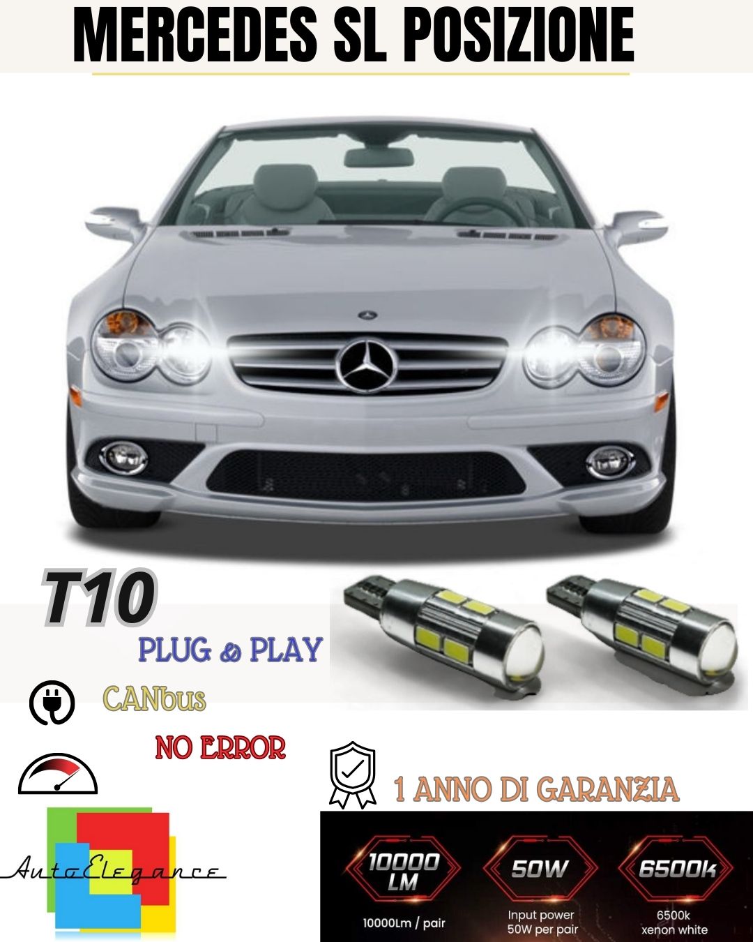 COPPIA LUCI DI POSIZIONE A 10 LED MERCEDES SL R230 T10 W5W CANBUS ULTRALUMINOSI