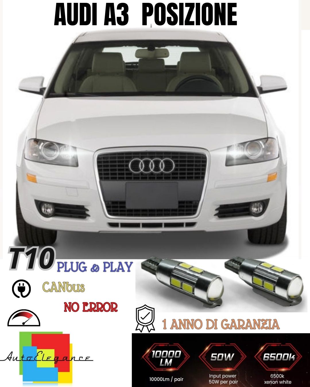 LUCI DI POSIZIONE 10 LED AUDI A3 CON LENTE FRONTALE CANBUS NO AVARIA LUCI 440LM