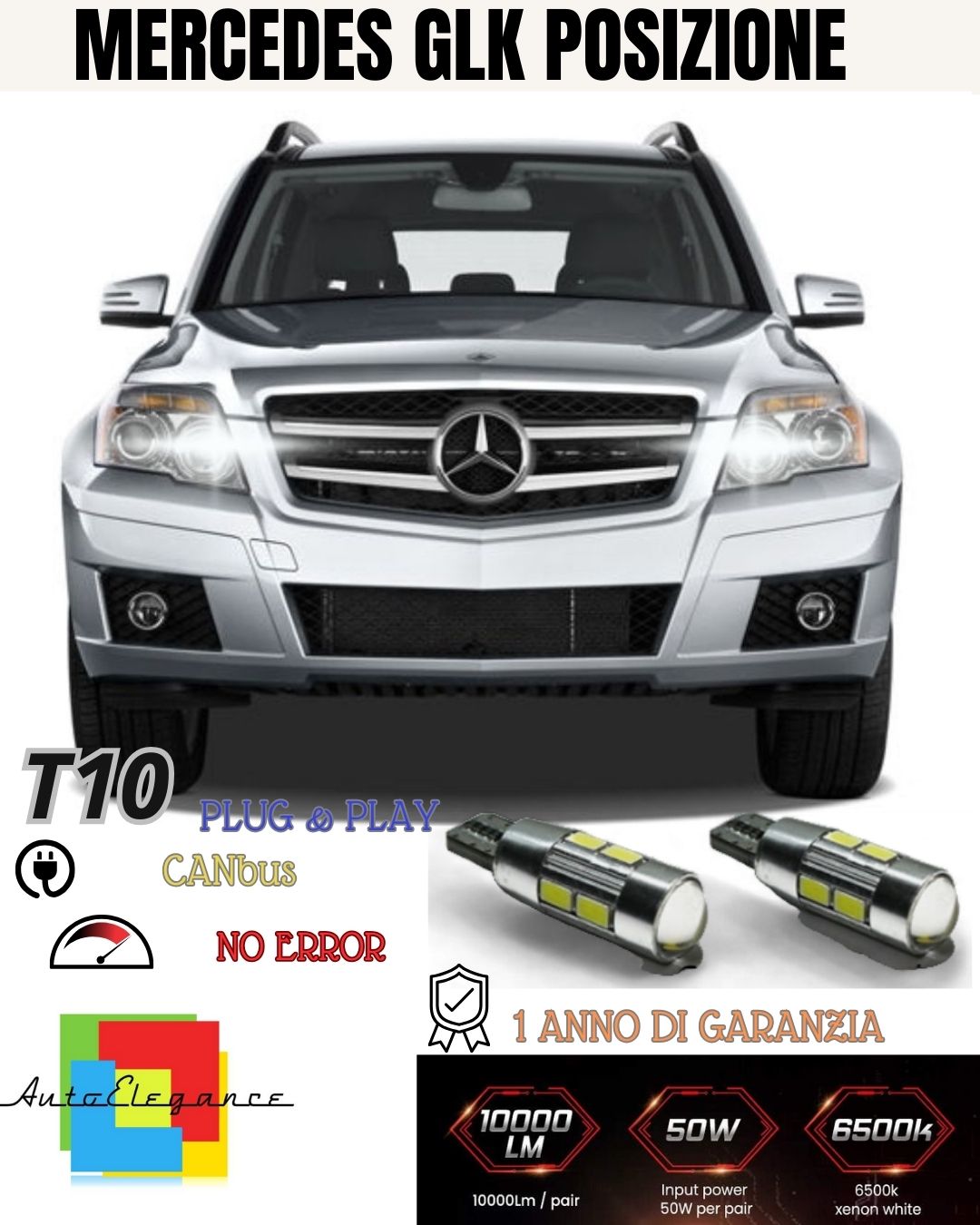 😎😎COPPIA LUCI POSIZIONE 10 LED 🔥🔥MERCEDES GLK 🔥🔥T10 W5W CANBUS 6000K😎😎😎