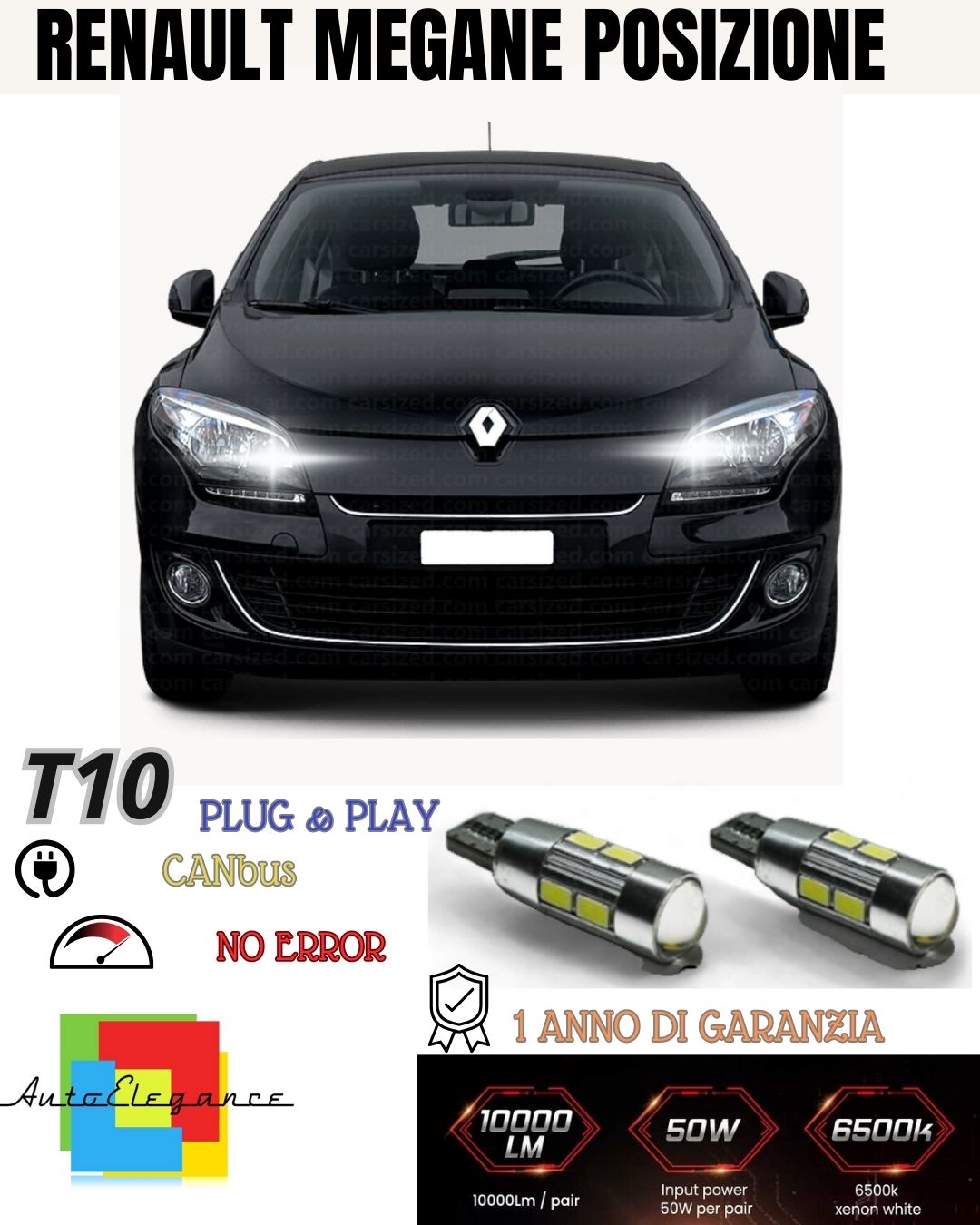 COPPIA LUCI DI POSIZIONE 10 LED PER RENAULT MEGANE 3 SERIE CANBUS 100%  NOERRORE