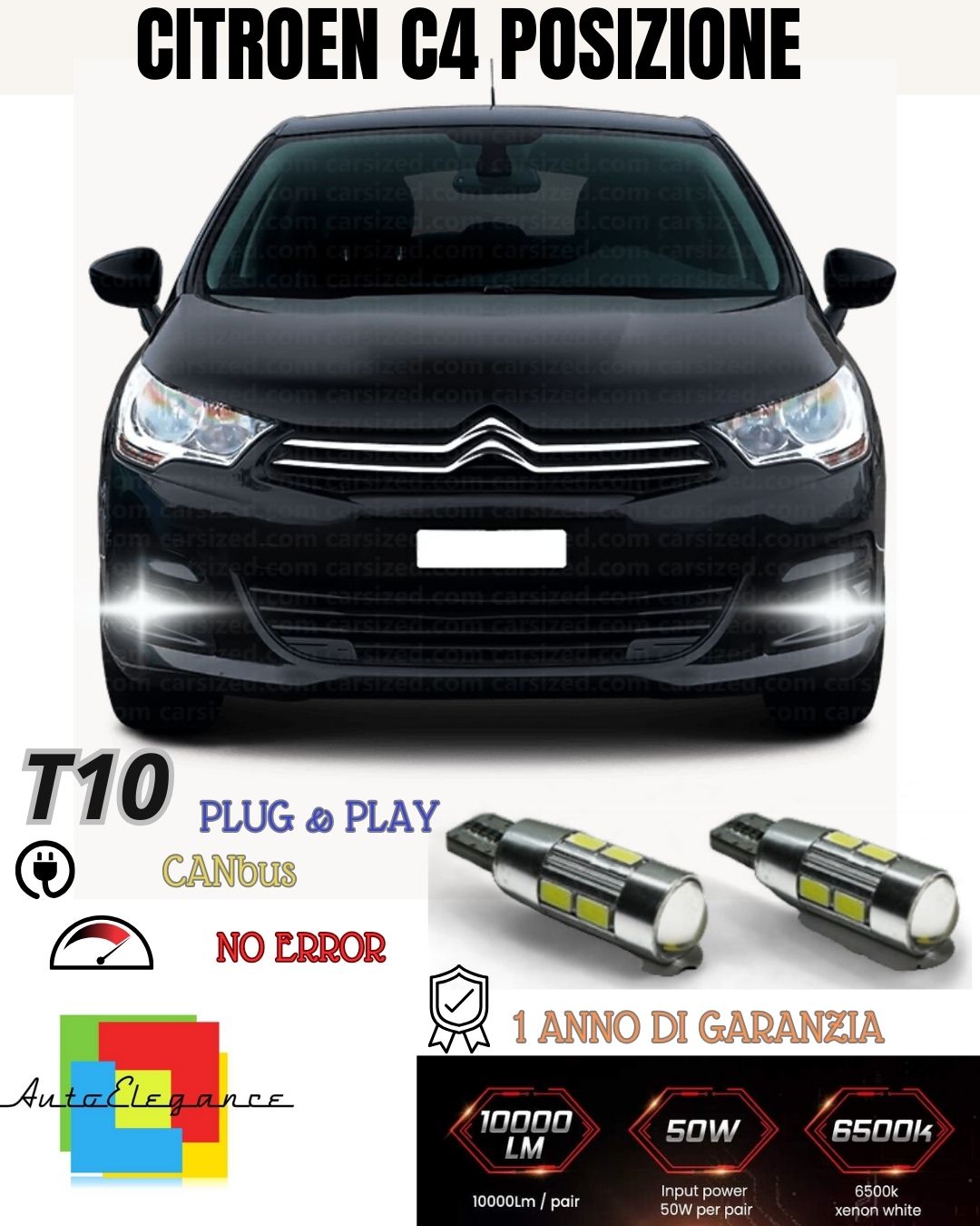 😎😎COPPIA LUCI POSIZIONE 10 LED PER CITROEN C4 T10 W5W CANBUS LENTE FRONTALE