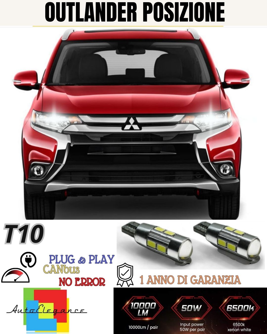 😍😍COPPIA LUCI POSIZIONE 10 LED MITSUBISHI OUTLANDER I T10 W5W CANBUS 6000K😍😍