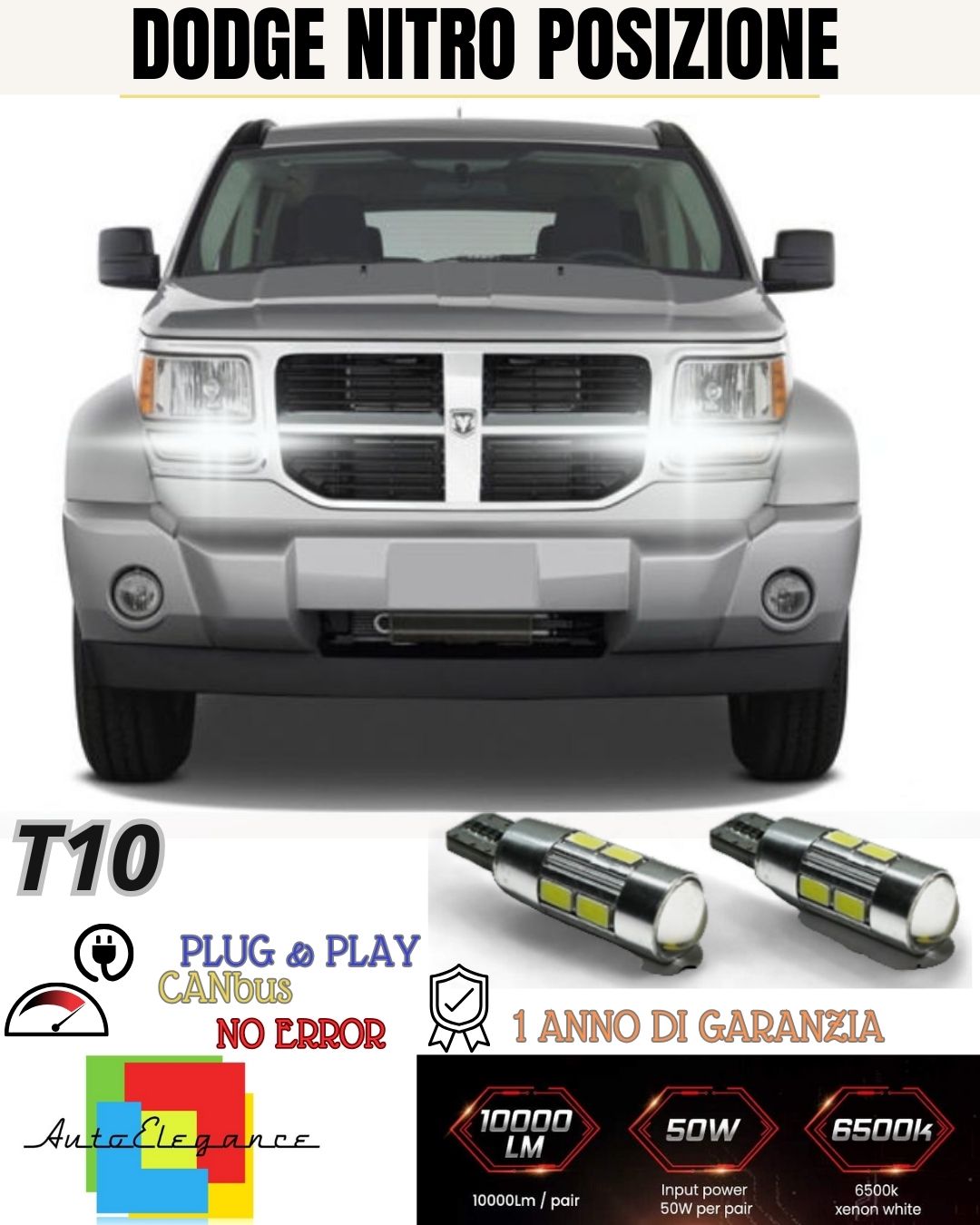COPPIA LUCI POSIZIONE 10 LED PER DODGE NITRO T10 W5W CANBUS NO AVARIA 6000K