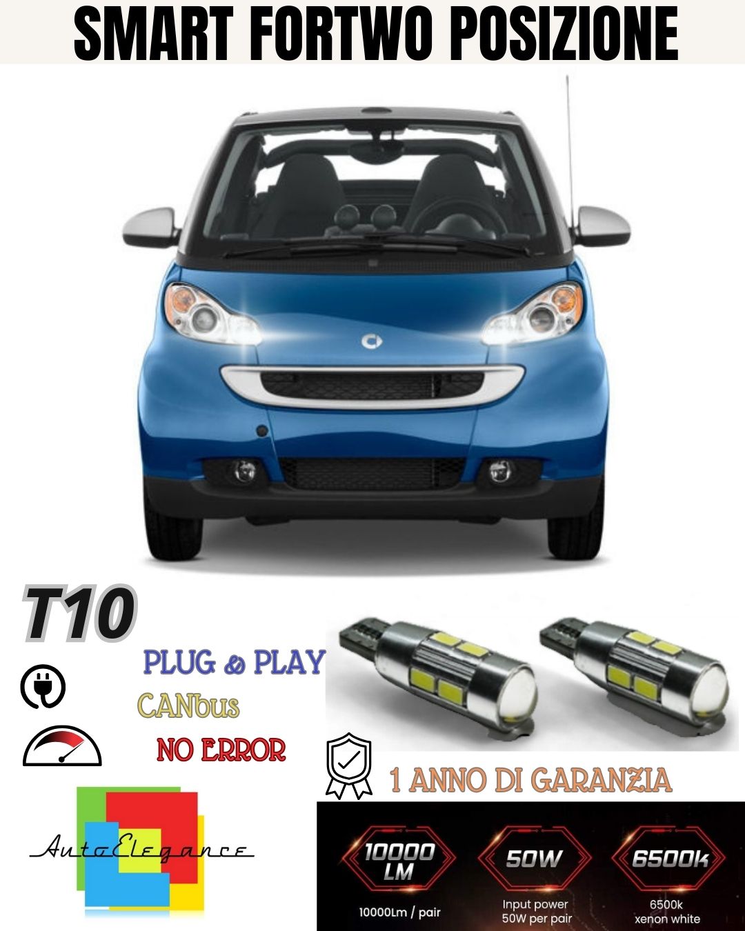 🔥🔥COPPIA LUCI POSIZIONE 10 LED🔥 SMART FORTWO 🔥T10 W5W CANBUS 100% NO ERRORE