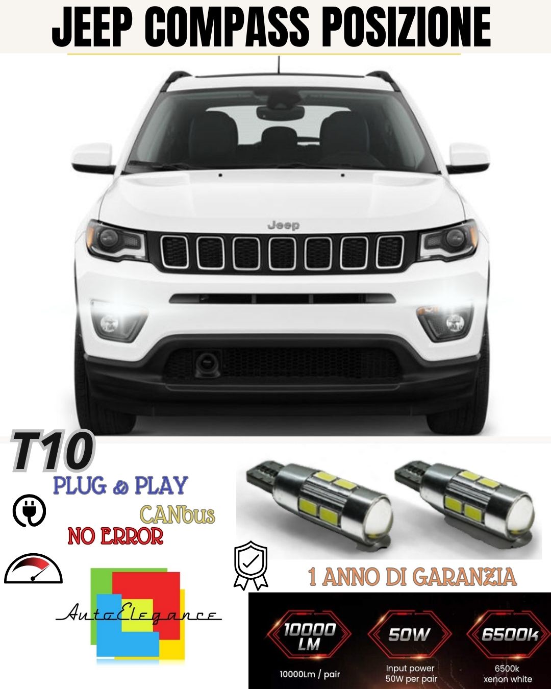 🫣COPPIA LUCI POSIZIONE 10 LED 🔥JEEP COMPASS 🔥🔥T10 W5W CANBUS 6000K NO AVARIA