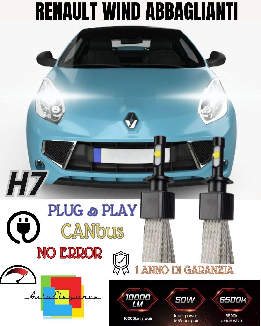 KIT FULL LED H1 LAMPADE ABBAGLIANTI LED RENAULT WIND NO AVARIA BIANCO XENON
