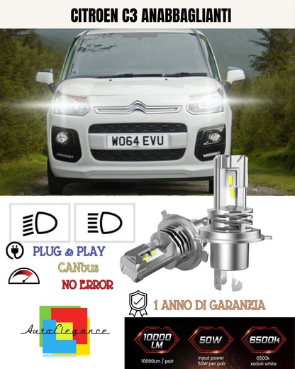 KIT LED H7 CITROEN C3 PICASSO 6000K BIANCO 6000 LUMEN CANBUS ANABBAGLIANTI