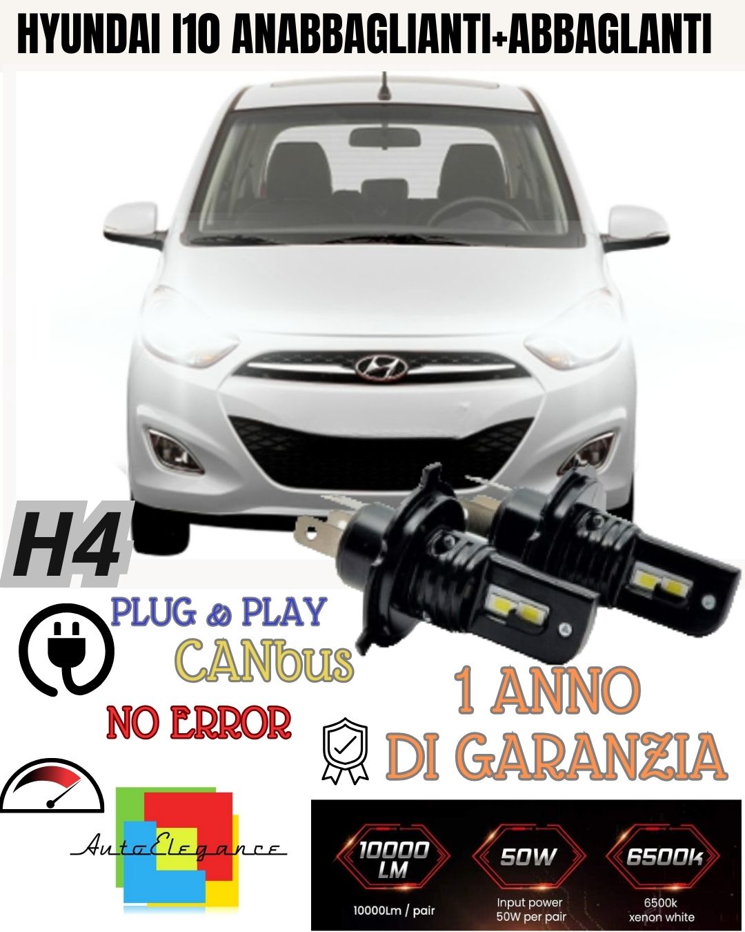 🤩🤩KIT H4 A LED PER HYUNDAI I10 MK2 LAMPADE LED H4 6000K XENON BIANCO NOAVARIA