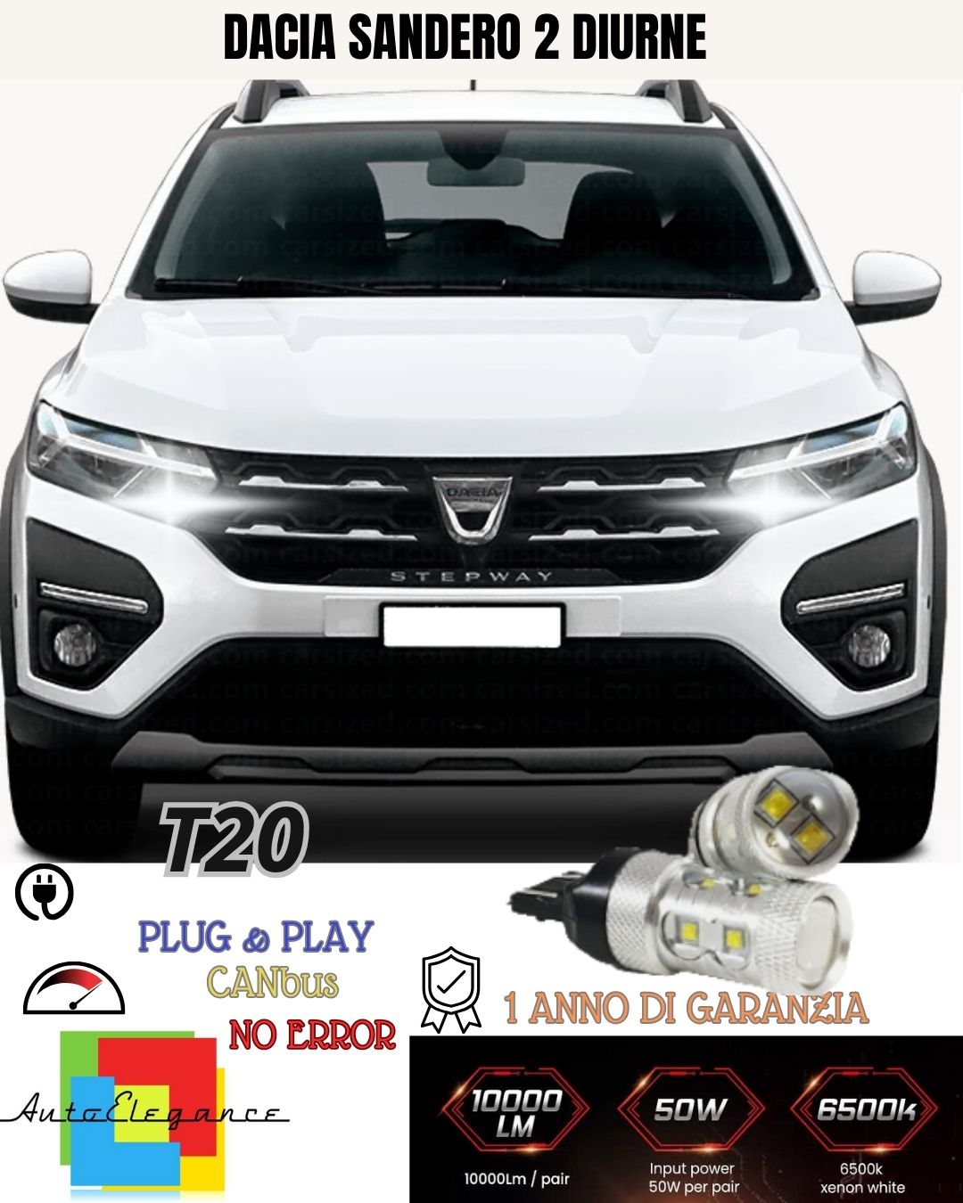 😍COPPIA LUCI DIURNE DRL LED T20 CANBUS❤️DACIA SANDERO 2❤️ 6000K BIANCO NO ERROR
