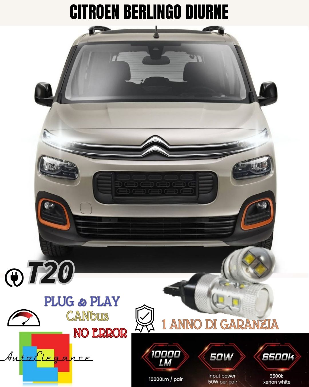 😍😍COPPIA LUCI DIURNE DRL LED T20 CANBUS❤️CITROEN BERLINGO❤️2018+ 6000K BIANCO