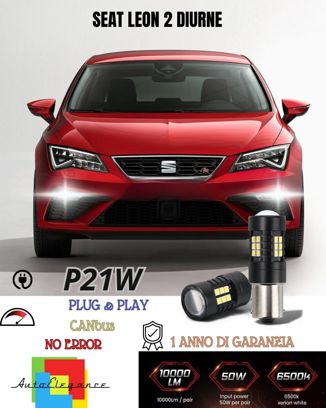😍😍😍COPPIA LUCI DIURNE DRL 15 LED P21W BA15S CANBUS SEAT LEON 2 6000K NO ERROR