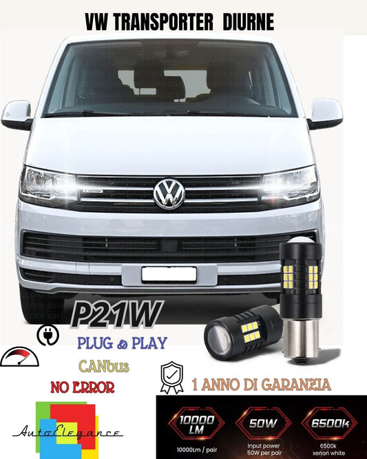 COPPIA LUCI DIURNE DRL 15 LED P21W BA15S CANBUS VW TRANSPORTER T5 6000K NO ERROR