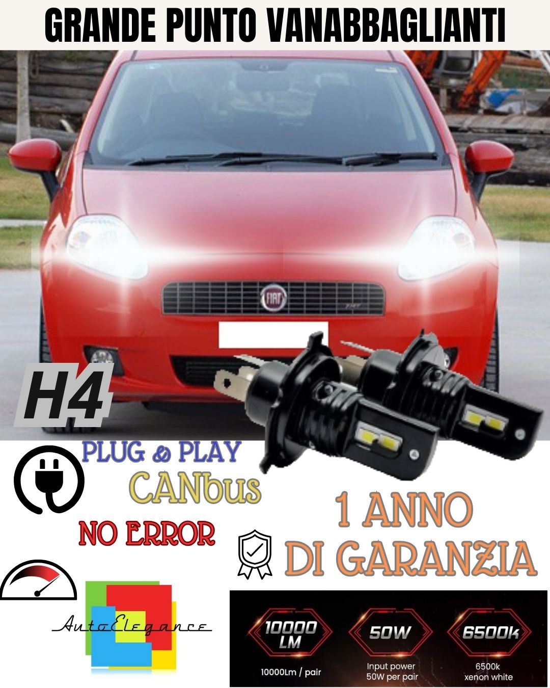 😵KIT H4 A LED PER FIAT GRANDE PUNTO LAMPADE LED H4 6000K XENON BIANCO NO AVARIA