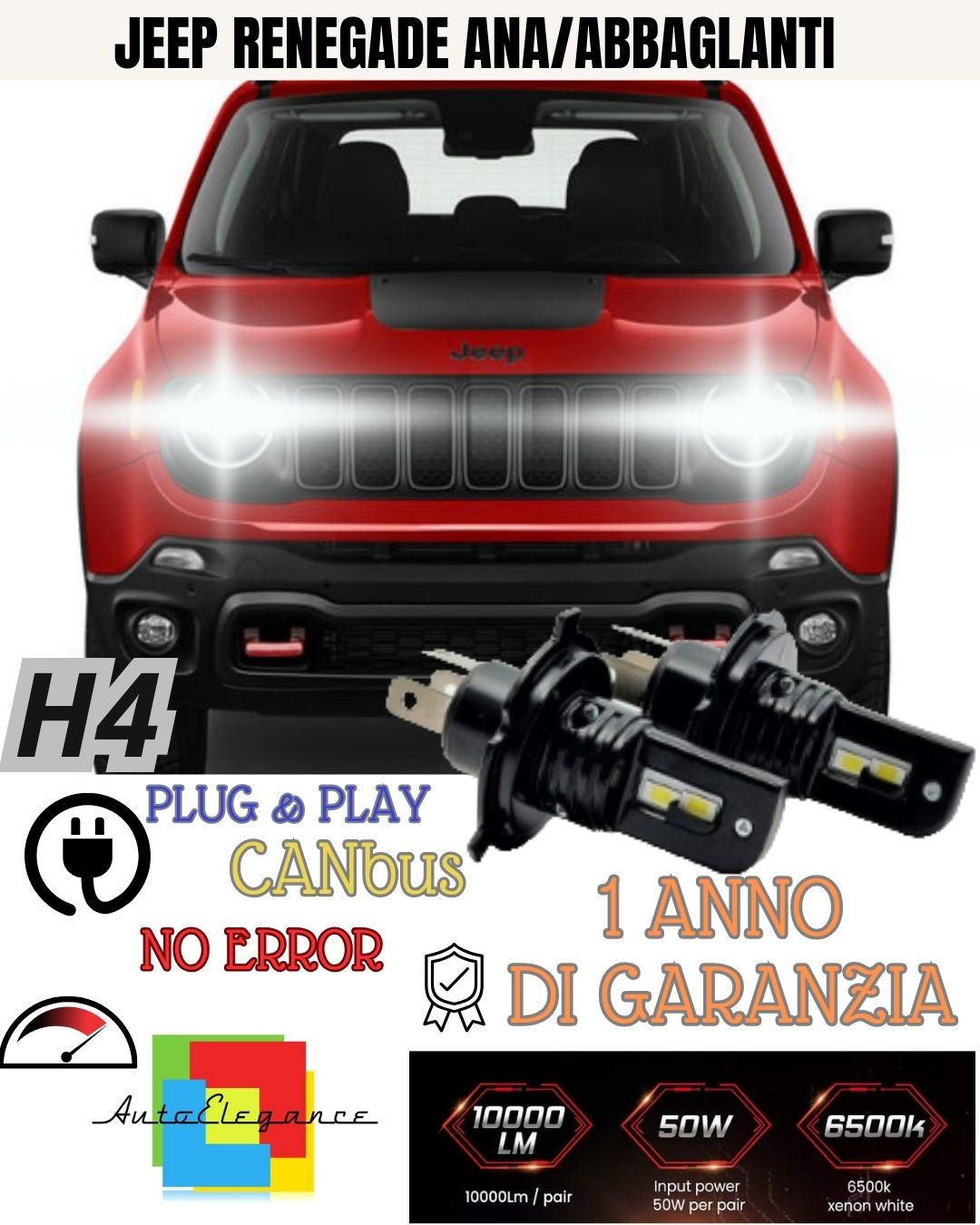 KIT LED H4 6000K PER JEEP RENEGADE ACCENSIONE ISTANTANEA NO AVARIA ULTRALUMINOSI