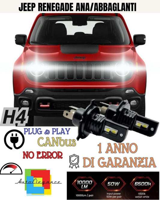 KIT LED H4 6000K PER JEEP RENEGADE ACCENSIONE ISTANTANEA NO AVARIA ULTRALUMINOSI