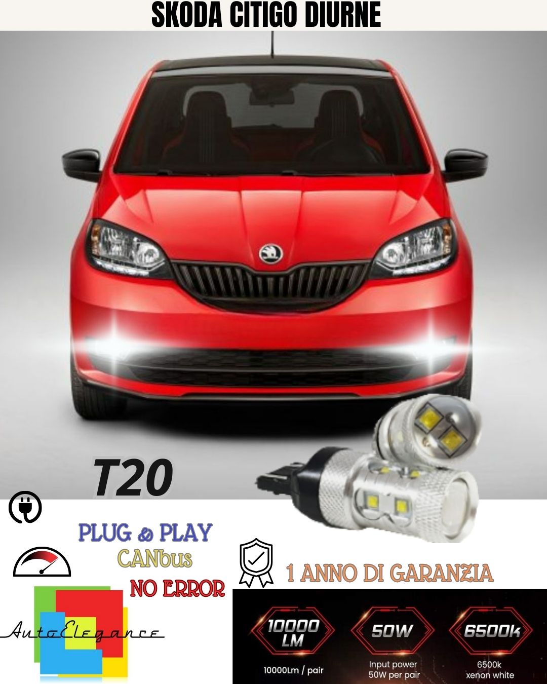 ❤️‍❤COPPIA LUCI DIURNE DRL LED T20 CANBUS SKODA CITIGO 6000K BIANCO100% NO ERROR