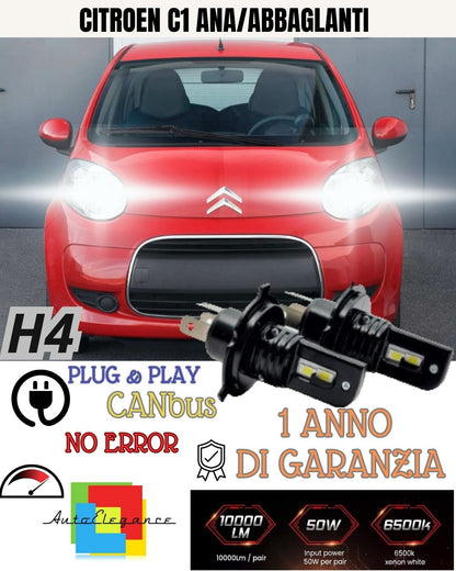 🌡️KIT LED H4 6000K CITROEN C1 MK1 ACCENSIONE ISTANTANEA NO AVARIA ULTRALUMINOSI